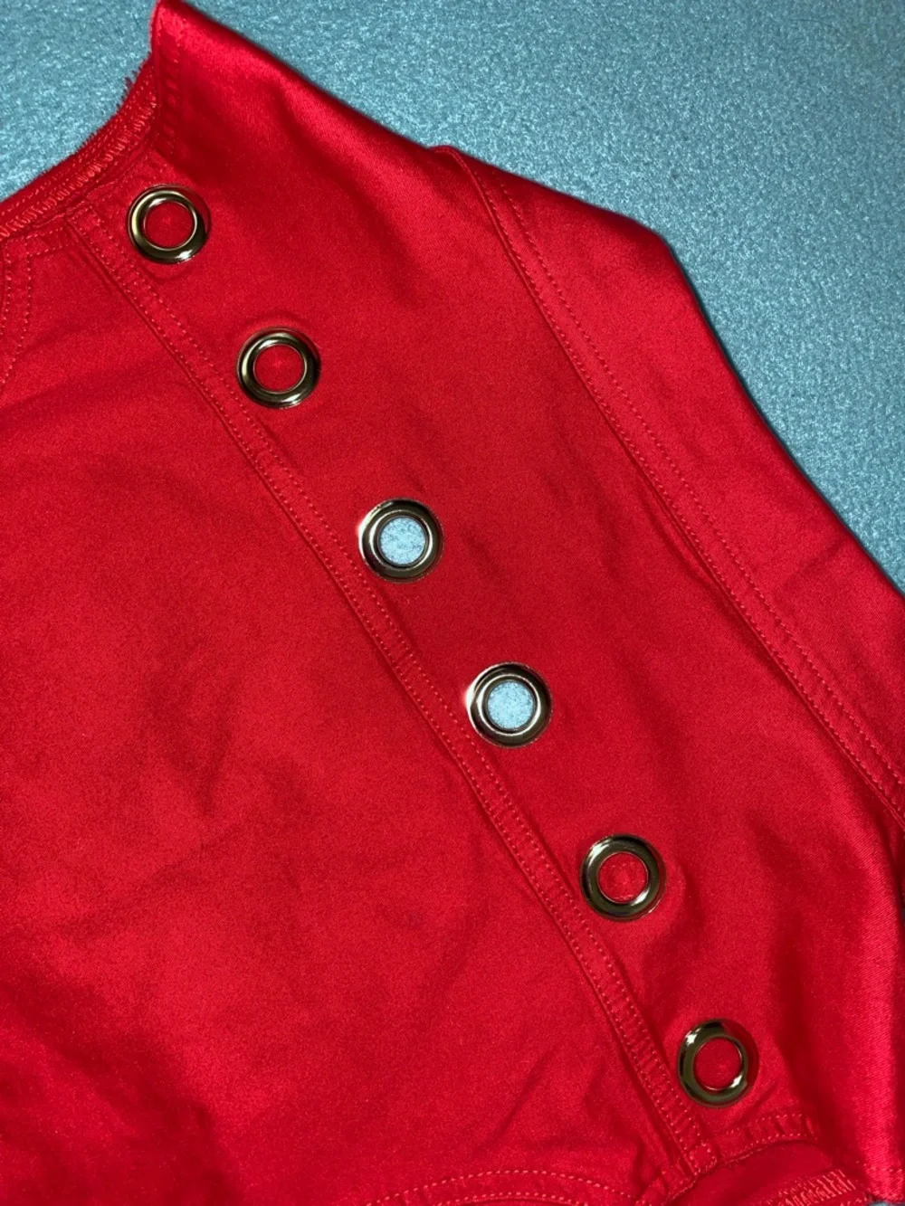 TIA DESIGNS denim vintage red vest silver grommet details 2 front pockets size M